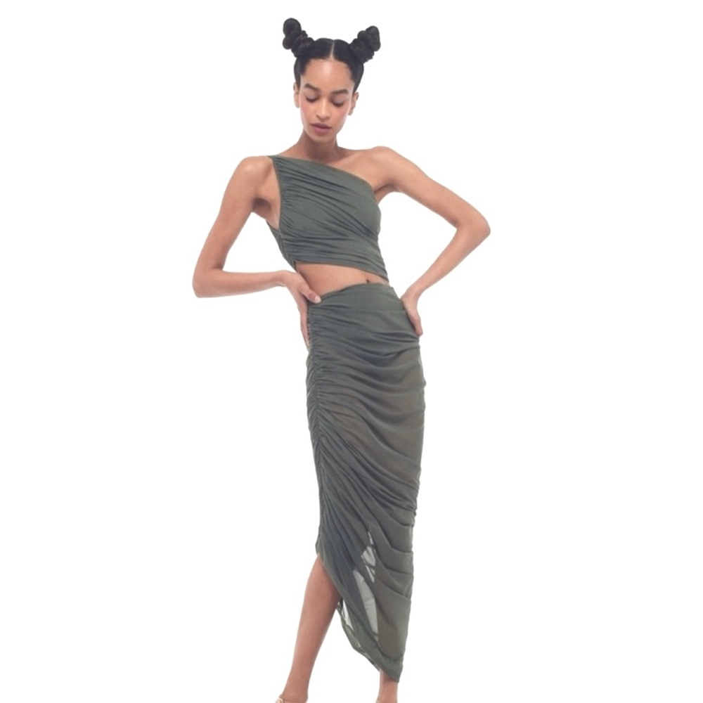 Norma Kamali Diana Bra & ruched stretch-mesh midi skirt set (2) piece set